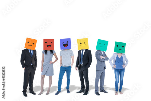 Digital png photo of people wearing different expression box on heads on transparent background