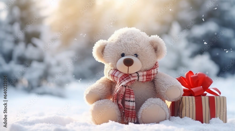 Christmas card. cute teddy bear with gifts under the Christmas tree in the snow against the backdrop of a winter forest on a sunny day, legal AI Christmas card. cute teddy bear with gifts under the Christmas tree in the snow against the backdrop of a winter forest on a sunny day, legal AI