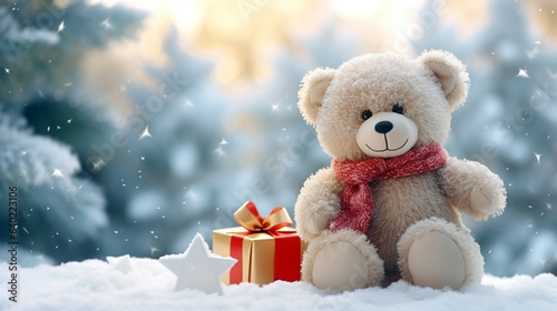 Christmas card. cute teddy bear with a gift on the background of the winter forest, legal AI © PETR BABKIN