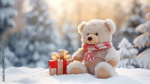 Christmas card with a cute teddy bear with a gift sitting in the snow against the backdrop of a winter forest at dawn, legal AI