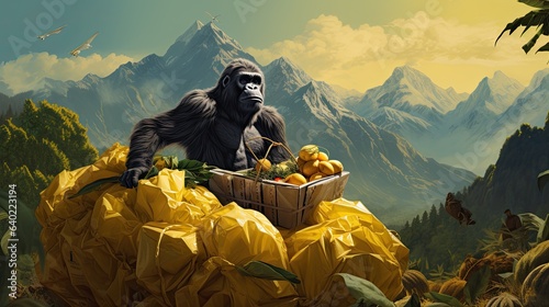 Fotografiet Gorilla attempting to wrap a huge banana gift, with wrapping paper everywhere