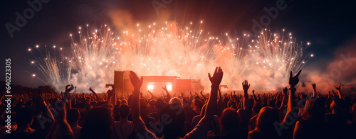 crowd of people cheering their favorite artists lit with fireworks and lanterns at a rock festival, legal AI