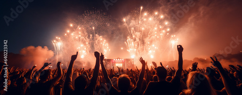 open air rock festival with fireworks and smoke. excited crowd applauds vigorously, legal AI