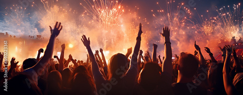 The open-air rock festival excited the audience. people with raised hands rejoice in fireworks and music, legal AI