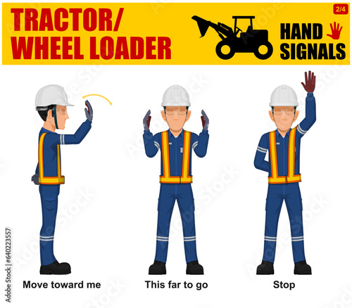 Set of worker present Tractor/WHeel loader hand signal on white background