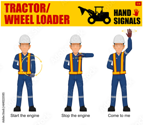 Set of worker present Tractor/WHeel loader hand signal on white background