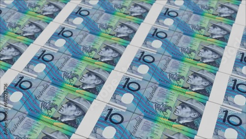 10 AUSTRALLIAN DOLLAR banknotes printed by a money press photo