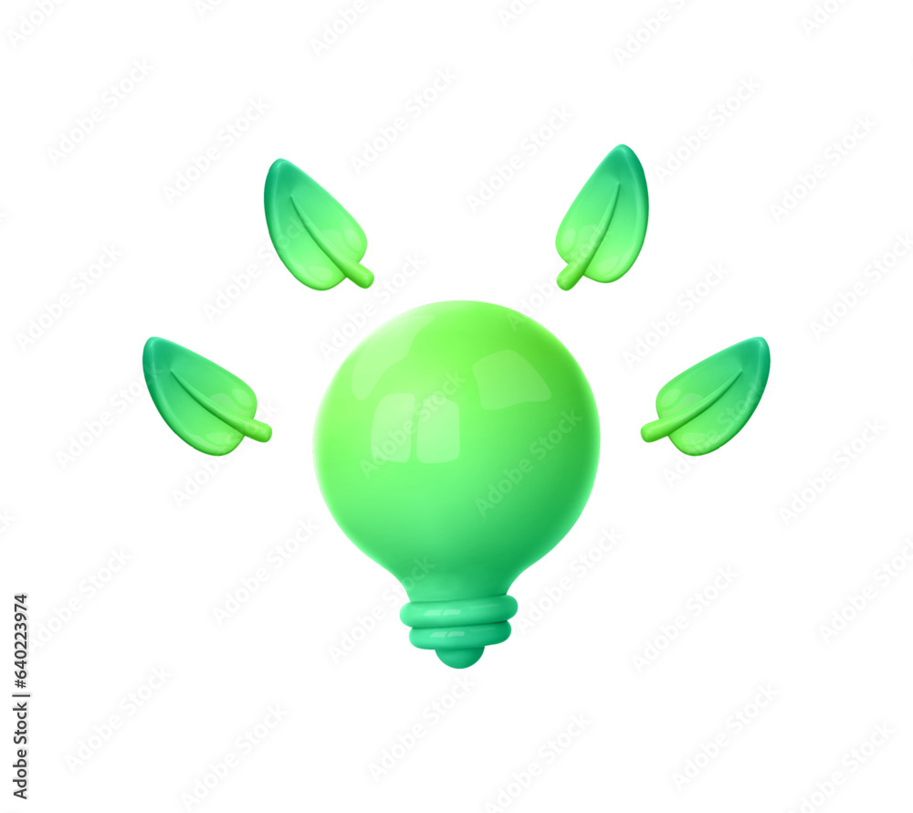 Green light bulb and leaves. Eco energy 3d icon. Green energy, clean energy, renewable, eco friendly concept. Vector cartoon illustration in 3d style Green light bulb and leaves. Eco energy 3d icon. Green energy, clean energy, renewable, eco friendly concept. Vector cartoon illustration in 3d style