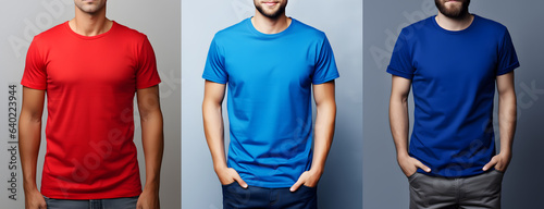 mockup T-shirt vierge 3 couleurs : bleu clair, bleu roi, rouge - fond uni