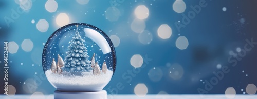 Glass Snowball with trees. Xmas winter Glass snow globe. Horizontal Christmas banner, web poster, header cap for website. Merry Christmas, Happy New Year. Festive beautiful background. generative ai