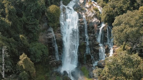 Drone video of Wachirathan waterfall in Chiang Mai, Doi Inthanon, Thailand Asia photo