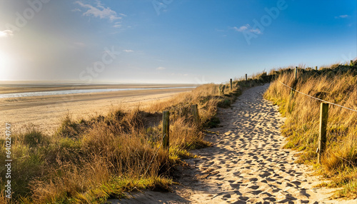 Path to North sea beach in gold sunshine