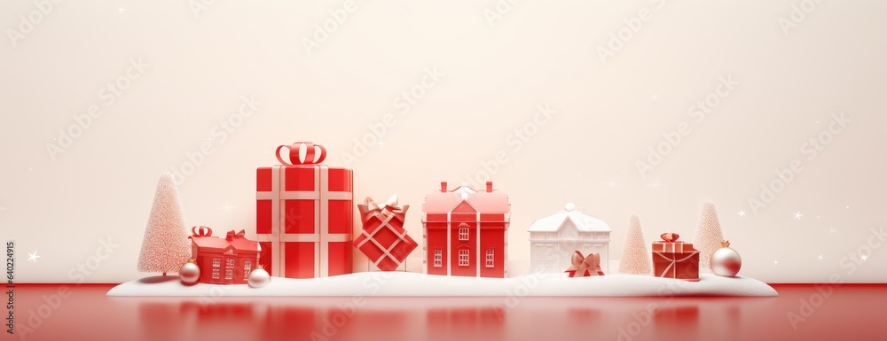 Xmas Gift box. Horizontal Christmas banner, web poster, header cap for website. Merry Christmas and Happy New Year. Festive bright beautiful background. generative ai