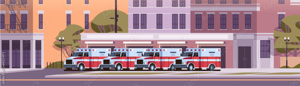 Fire station building fire department house facade and red emergency vehicle horizontal