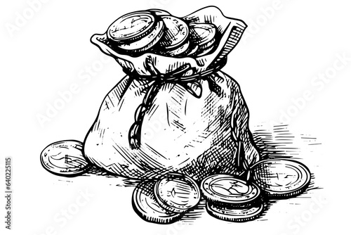 Vintage bag full of money coins hand drawn ink sketch. Engraving style vector illustration.