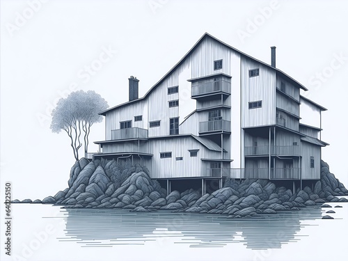 Watermill blueprint. AI generated illustration photo