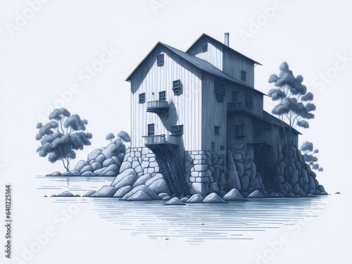 Watermill blueprint. AI generated illustration photo