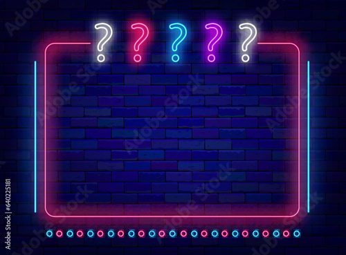 Trivia night neon banner. Multicolored question marks. Minimal frame. Quiz competition. Vector stock illustration