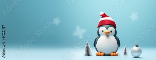 Xmas winter cartoon penguin wearing a red santa hat. Horizontal Christmas banner, web poster, header cap for website. Merry Christmas Happy New Year. Festive bright beautiful background. generative ai © megavectors