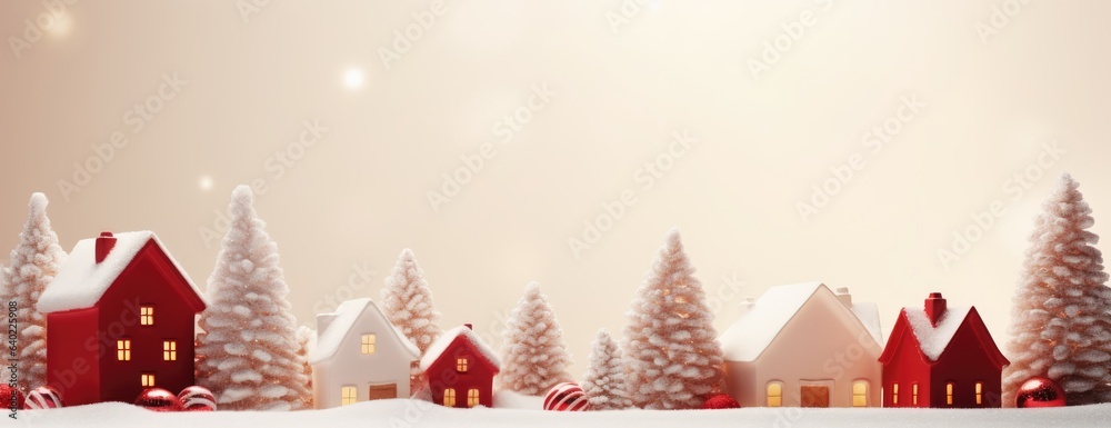 Xmas winter cartoon city from houses among trees. Horizontal Christmas banner, web poster, header cap for website. Merry Christmas, Happy New Year. Festive bright beautiful background. generative ai