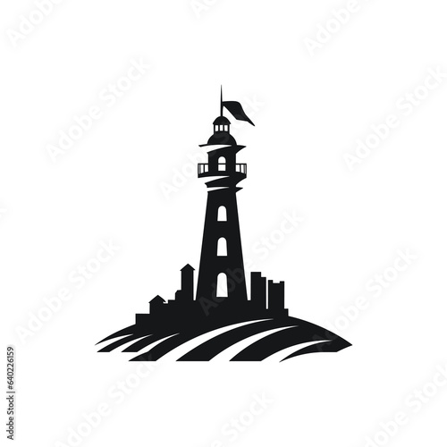 Lighthouse and silhouette of industrial city