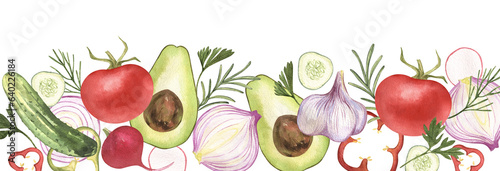 Eco food set menu background banner. Watercolor hand drawn vegetables elements, garlic, cucumber, salad, tomato, pepper, organic, avocado, leaves, onion. For restaurant, kitchen, textile, fabric.