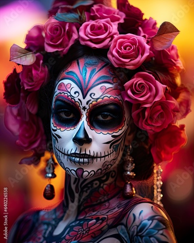 Day of the Dead, Mexico traditional holiday. Young woman in skull make-up with roses in her hair . Magical, enchanted moment of seasonal holiday, skulls, make-up, cemetery, cultural tradition