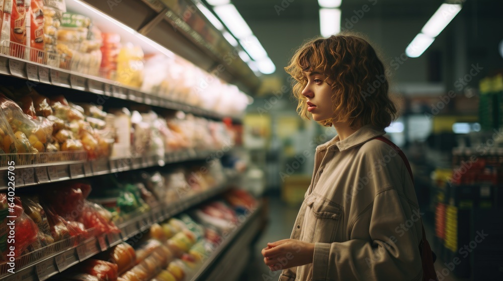 Young woman buying groceries in a supermarket - generative AI, fiction Person