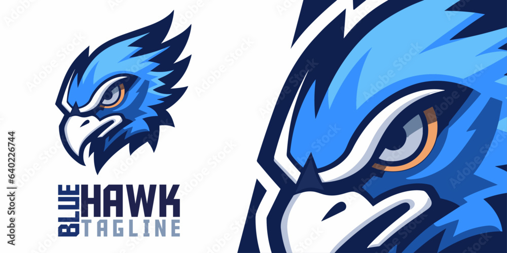 Illustrated Blue Hawk, Eagle, and Falcon Logos: Captivating Mascot Illustrations and Vector Graphics for Sport and E-Sport Gaming Teams