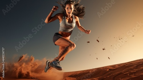 Active female athlete running mid air in a vigorous trining session - generative AI, fiction Person photo