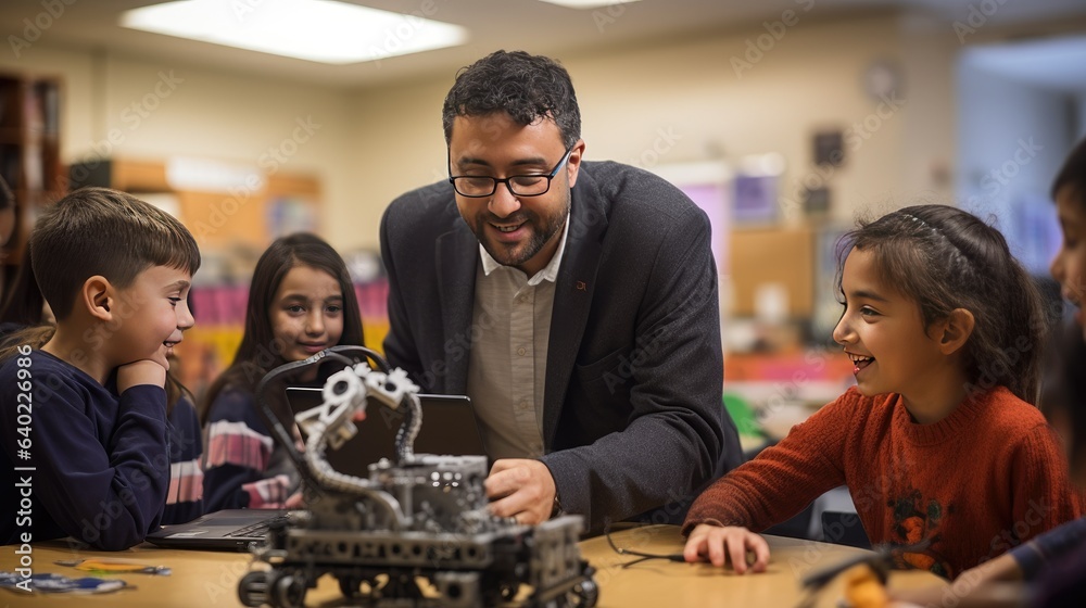 Elementary school coding: Teacher demonstrates mechanical robot ...