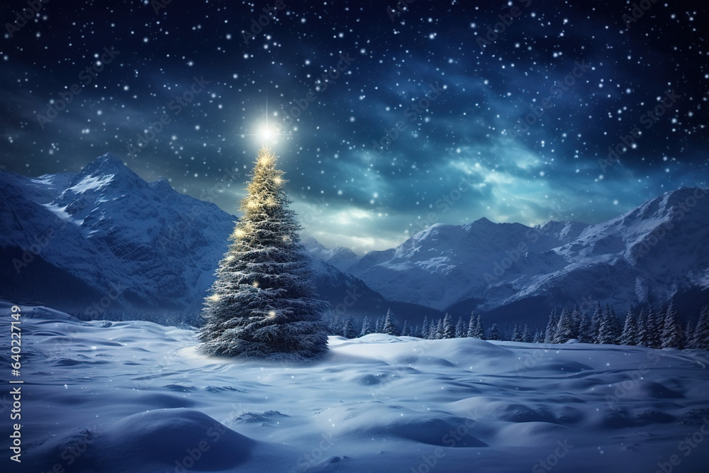 New Year's tree in the forest surrounded by mountains at nighttime