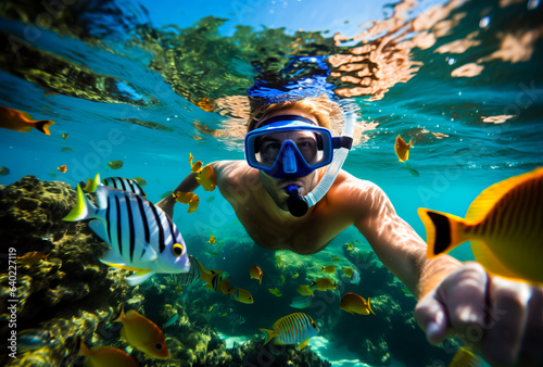 Man snorkeling in the tropical water with colorful fishes and corals. Shallow field of view photo