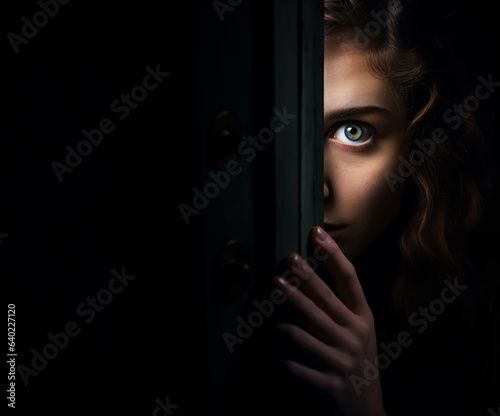 Woman looking through a slightly open door with a curious or seductive look on her face. Copy space.