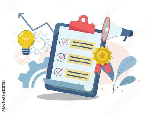 Best standard check and reports performance review, Quality control or certified approval, complete checklist, Business objects, Star award, Document, Megaphone, Light bulb, Vector illustration.