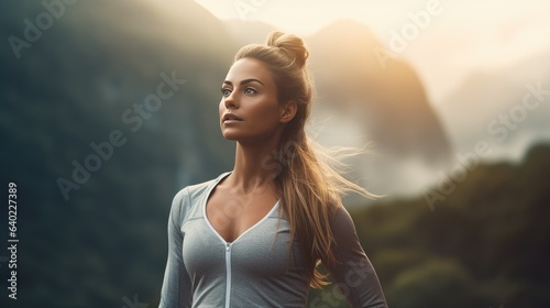 Woman warming up for a morning workout outdoors- generative AI, fiction Person