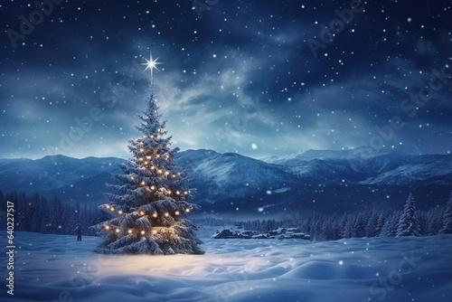 New Year's tree in the forest surrounded by mountains at nighttime © Stock Rocket