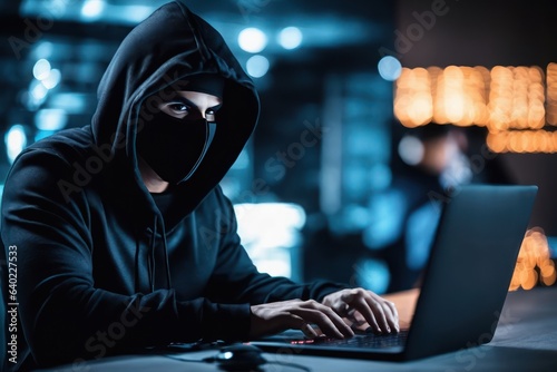Anonymous computer hacker in mask and hoodie using laptop computer for cyber attack. Data thief, internet attack and cyber security concept. Generative AI