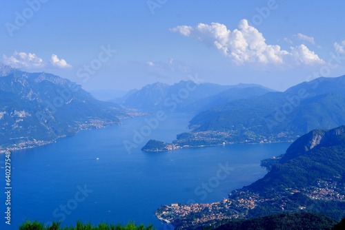 aerial view of Como Lake landscape in beautiful summer day  trees  water and mountains  Italy  Europe  concept summer vacation  travel and enjoyment