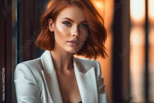 Business redhead woman in stylish suit posing at the workplace. Successful happy elegant lady looking directly at the camera. Generative AI