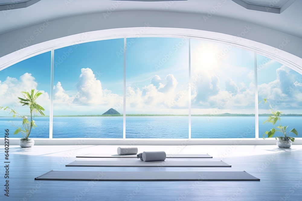Fototapeta premium Clean and calm yoga studio with beautiful nature view. Interior design. Generative AI