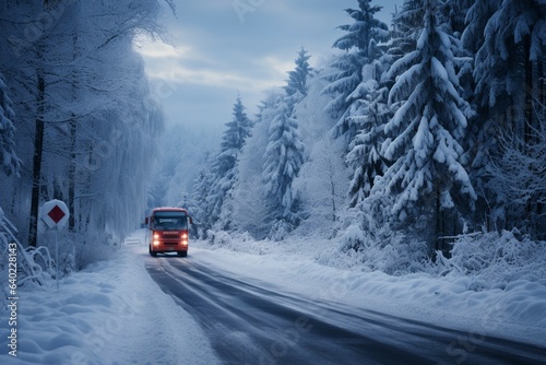 Icy road meanders amidst snow-draped fir trees, crafting a serene and beautiful vista.