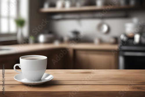 Coffee mugs with blurred background, kitchen with wooden table tops to display your products.