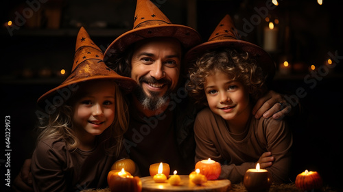 Happy Family, Little Kids Wearing Halloween Costumes and Hats. With Jack o Lanterns Pumpkins Decor. Having Fun Posing for a Halloween Party. Joyful Kids Smiles on October Holiday Eve. Festive costumes