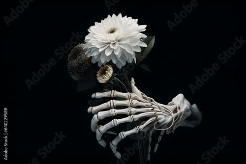 The skeleton of a human hand holds flowers on a black background. Black background, human brush, white flowers, generated by artificial intelligence