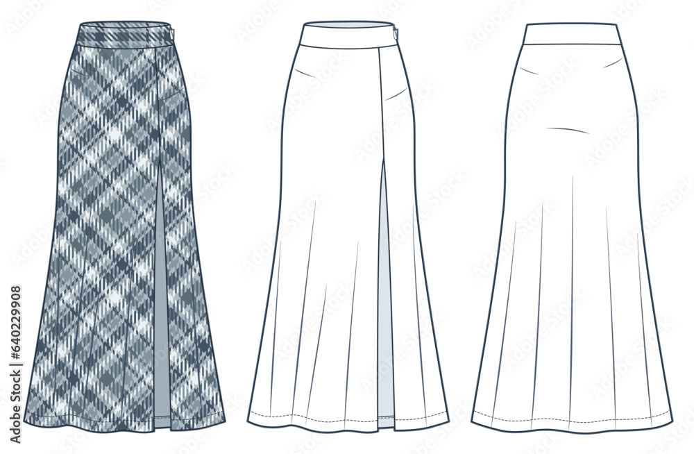 Skirt technical fashion illustration plaid pattern Maxi Skirt fashion
