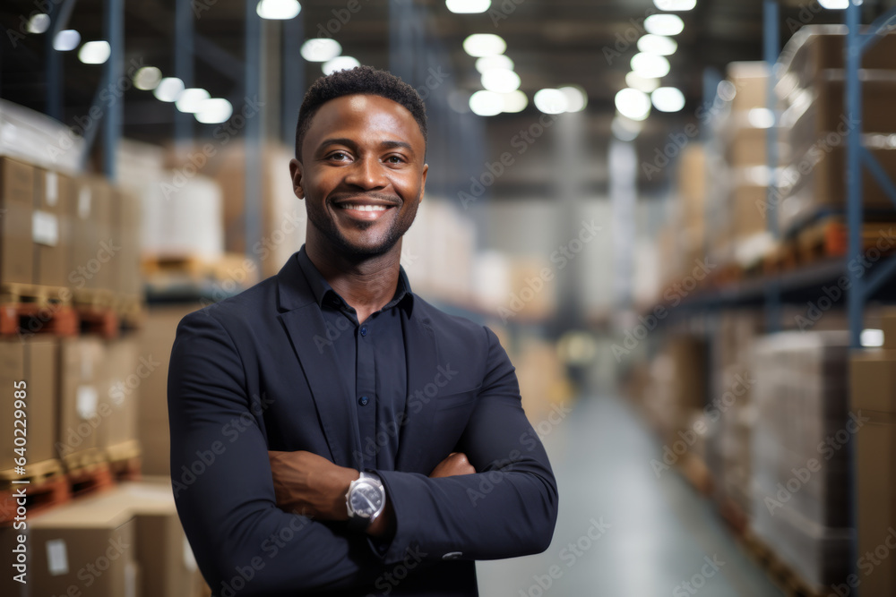 Fototapeta premium Black professional man working in logistic looking at camera in warehouse