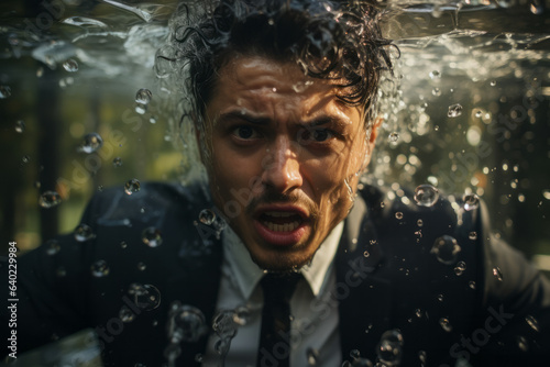 Young business man wearing a suit is drowning underwater, trapped emotions depicted or work overpressure concept image