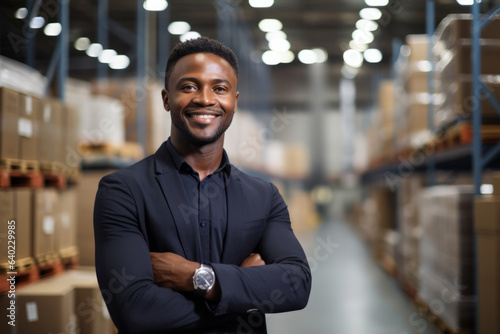 Black professional man working in logistic looking at camera in warehouse