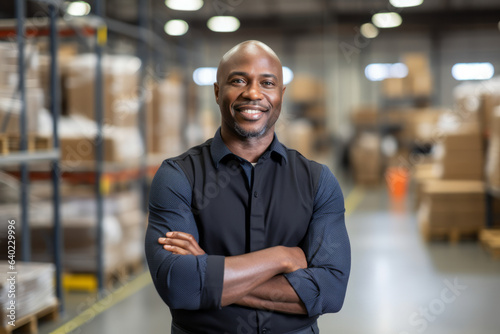Black professional man working in logistic looking at camera in warehouse © Keitma
